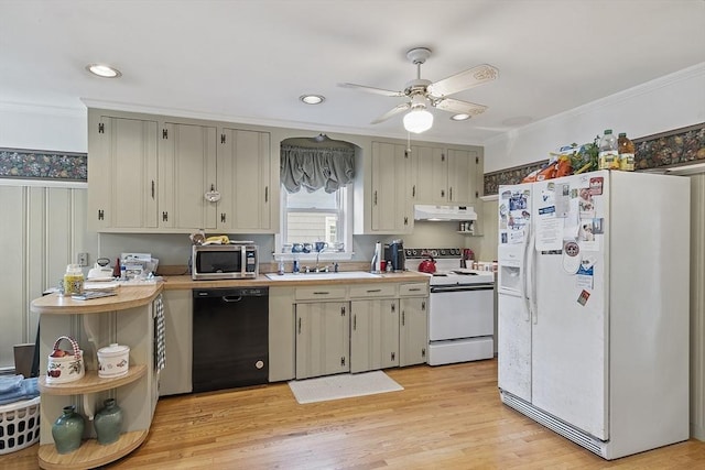 68 Spring Rd, Nahant, MA 01908 - kitchen featuring white appliances, a sink, crown molding, light countertops, and under cabinet range hood