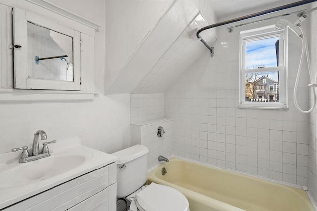 full bath with vanity,  shower combination, and toilet