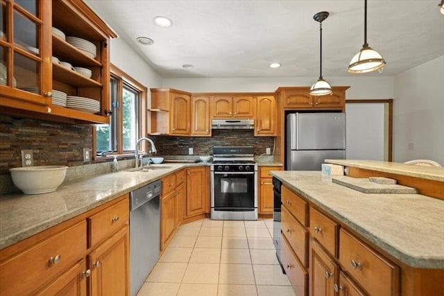 12 Coombs Cir, Newburyport, MA 01950 - kitchen featuring stainless steel appliances, open shelves, under cabinet range hood, backsplash, and brown cabinets