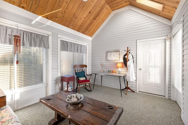 living area with carpet flooring, vaulted ceiling, and wooden ceiling