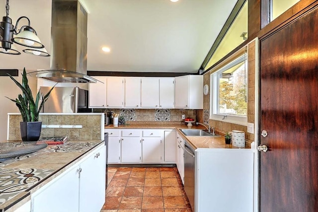 622 Pike Ave, Attleboro, MA 02703 - kitchen with island range hood, stainless steel dishwasher, decorative backsplash, a sink, and lofted ceiling