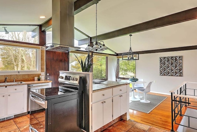622 Pike Ave, Attleboro, MA 02703 - kitchen featuring a sink, a notable chandelier, a healthy amount of sunlight, white cabinetry, and electric range
