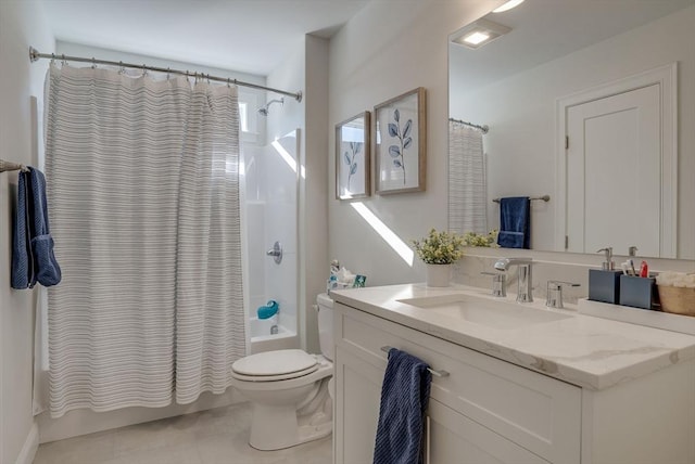 full bath featuring shower / bath combo, vanity, toilet, and tile patterned floors