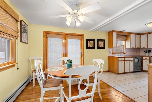 dining room featuring visible vents, baseboards, a baseboard radiator, ceiling fan, and light wood-style floors