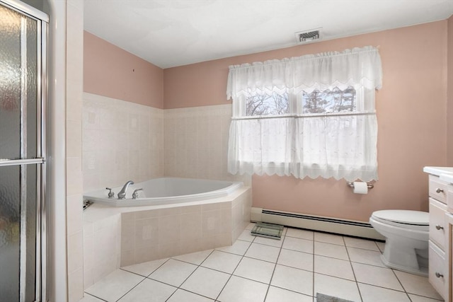 full bath with visible vents, baseboard heating, a shower stall, tile patterned flooring, and a bath