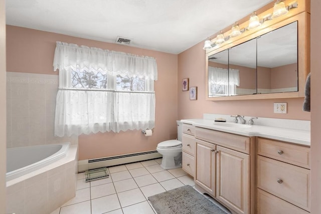 full bathroom with visible vents, toilet, baseboard heating, vanity, and tile patterned flooring