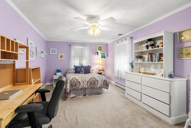 bedroom with light colored carpet, a baseboard heating unit, a ceiling fan, baseboards, and crown molding