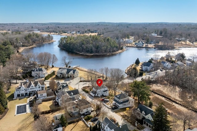 aerial view featuring a residential view and a water view