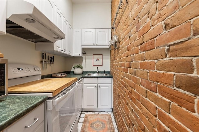 17 Dwight Unit 3, Boston, MA 02118 - kitchen featuring white electric range oven, custom range hood, brick wall, a sink, and white cabinetry