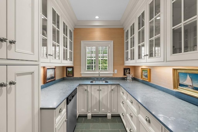 26 Longmeadow Dr, Westwood, MA 02090 - kitchen featuring stainless steel dishwasher, ornamental molding, dark tile patterned floors, white cabinets, and glass insert cabinets