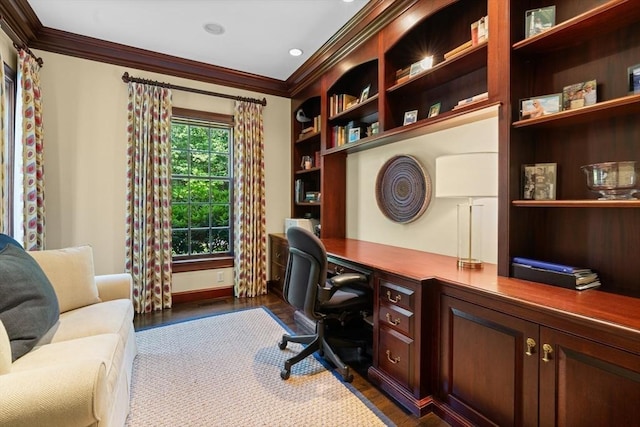 26 Longmeadow Dr, Westwood, MA 02090 - office space featuring ornamental molding, built in study area, dark wood-type flooring, and recessed lighting