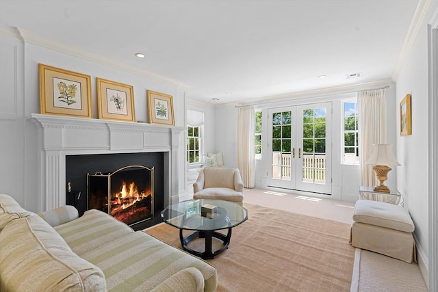 26 Longmeadow Dr, Westwood, MA 02090 - living room with crown molding, french doors, a warm lit fireplace, recessed lighting, and carpet