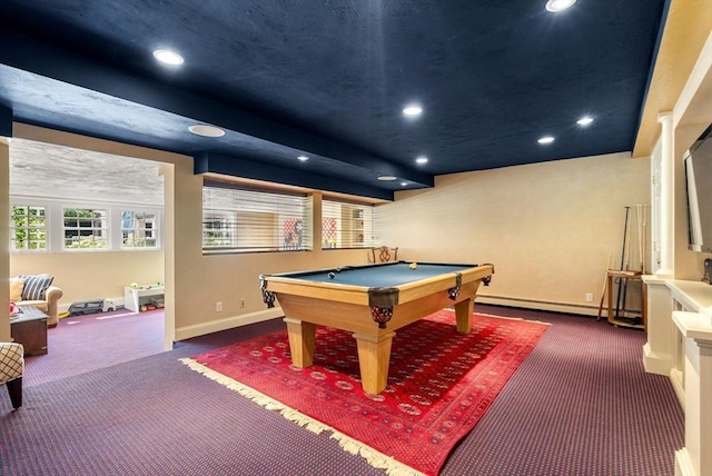 26 Longmeadow Dr, Westwood, MA 02090 - playroom with carpet, recessed lighting, billiards table, and a baseboard heating unit