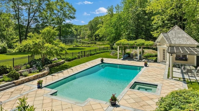26 Longmeadow Dr, Westwood, MA 02090 - view of swimming pool featuring an in-ground hot tub, an exterior structure, an outdoor structure, a patio area, and a fenced backyard
