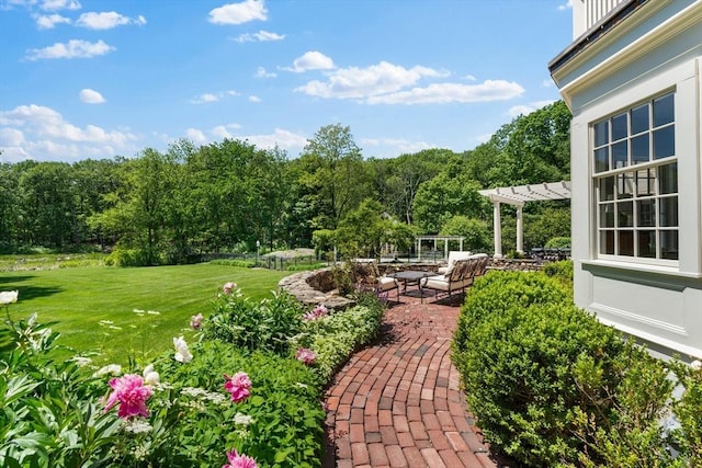 26 Longmeadow Dr, Westwood, MA 02090 - view of green lawn featuring a pergola and a patio area