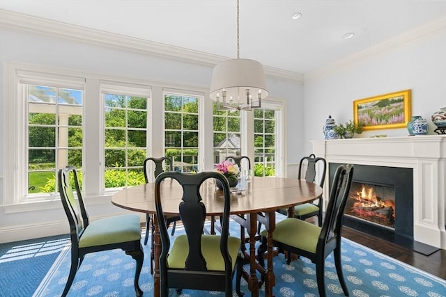 26 Longmeadow Dr, Westwood, MA 02090 - dining area featuring a chandelier, crown molding, a fireplace with flush hearth, recessed lighting, and wood finished floors