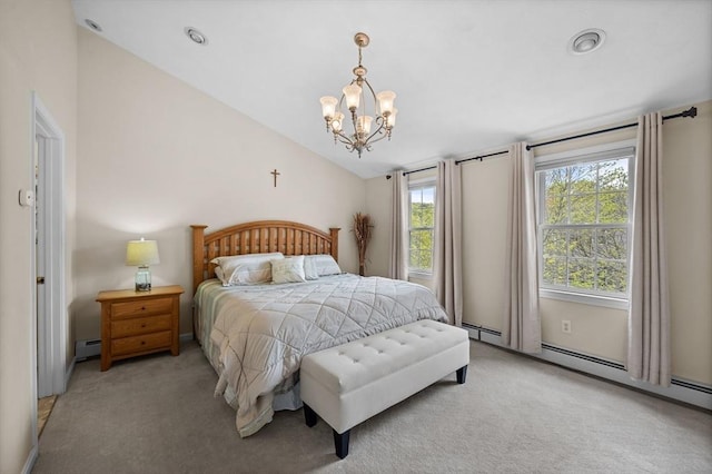 bedroom with light carpet, vaulted ceiling, a chandelier, and a baseboard heating unit
