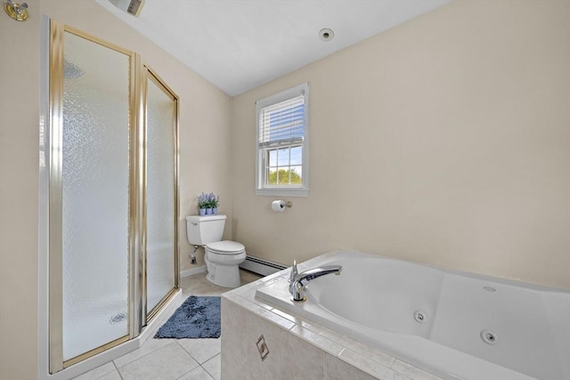 bathroom featuring a baseboard radiator, toilet, a stall shower, and tile patterned flooring