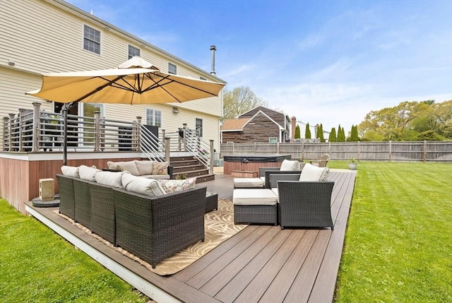 wooden deck with a hot tub and an outdoor living space