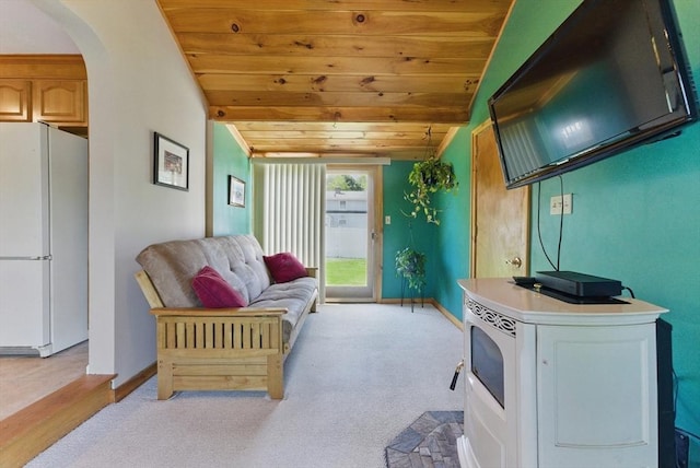 31 Fallston St, Springfield, MA 01119 - living room featuring wooden ceiling, arched walkways, light colored carpet, and baseboards