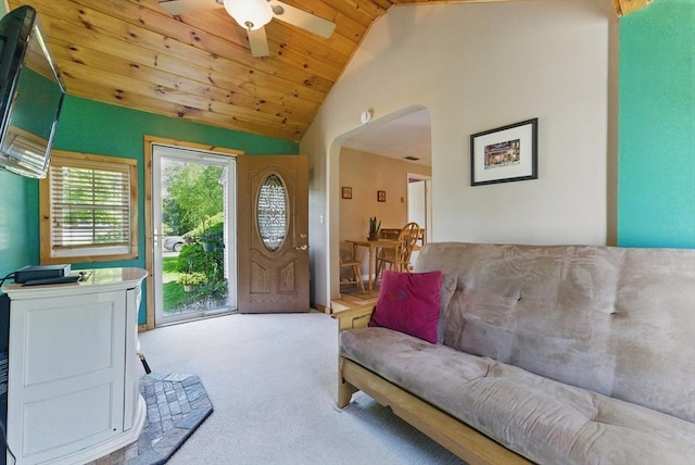 31 Fallston St, Springfield, MA 01119 - living area with arched walkways, vaulted ceiling, carpet, ceiling fan, and wooden ceiling
