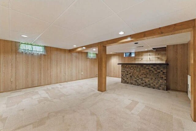 31 Fallston St, Springfield, MA 01119 - basement featuring wood walls, carpet flooring, a drop ceiling, recessed lighting, and a dry bar