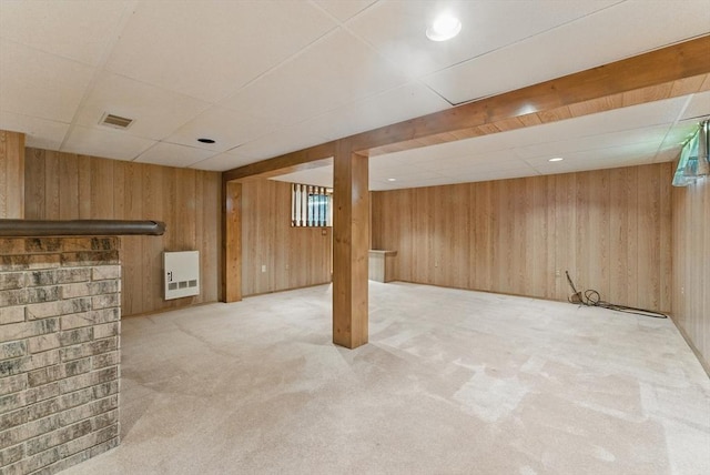 31 Fallston St, Springfield, MA 01119 - finished basement featuring heating unit, light colored carpet, wooden walls, and a drop ceiling