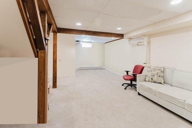 carpeted living room featuring a baseboard radiator, a paneled ceiling, and recessed lighting