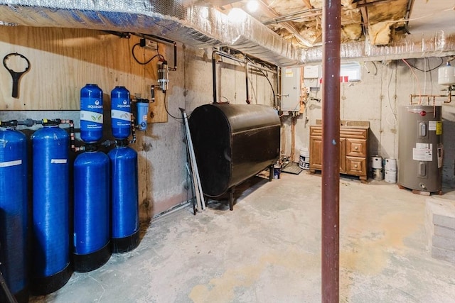 unfinished basement with heating fuel, electric panel, and electric water heater