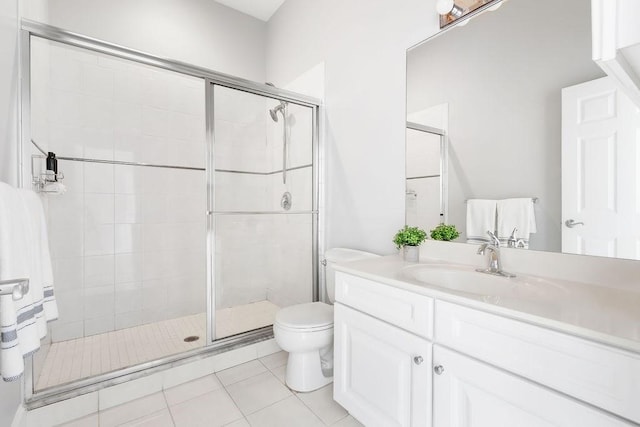 bathroom with a shower stall, tile patterned floors, toilet, and vanity