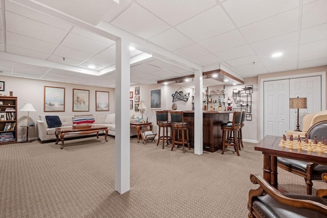 31 Shaker Hill Rd Unit 31, Hooksett, NH 03106 - living area featuring carpet, a paneled ceiling, a bar, and recessed lighting