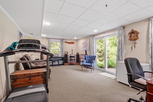 31 Shaker Hill Rd Unit 31, Hooksett, NH 03106 - bedroom featuring carpet floors, access to outside, an office area, recessed lighting, and a paneled ceiling