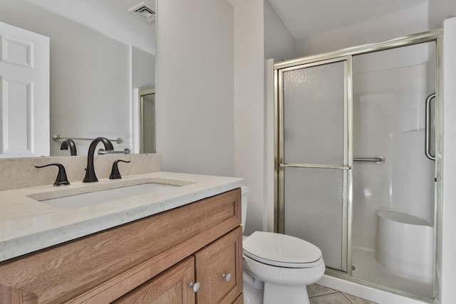 bathroom featuring visible vents, a shower stall, toilet, tile patterned floors, and vanity