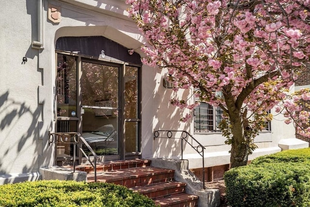 doorway to property featuring stucco siding