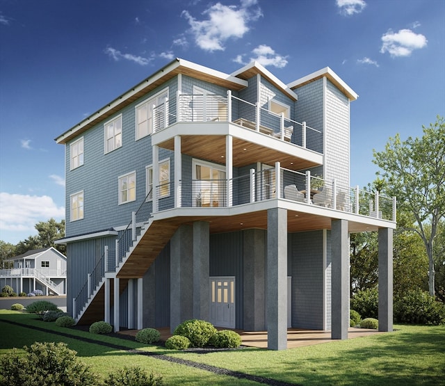 rear view of property featuring a yard and a balcony