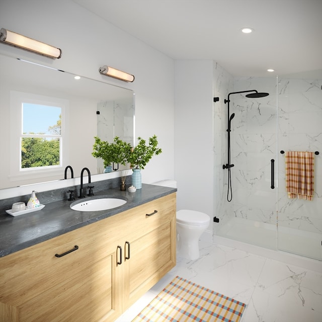 bathroom featuring a shower with shower door, vanity, tile floors, and toilet