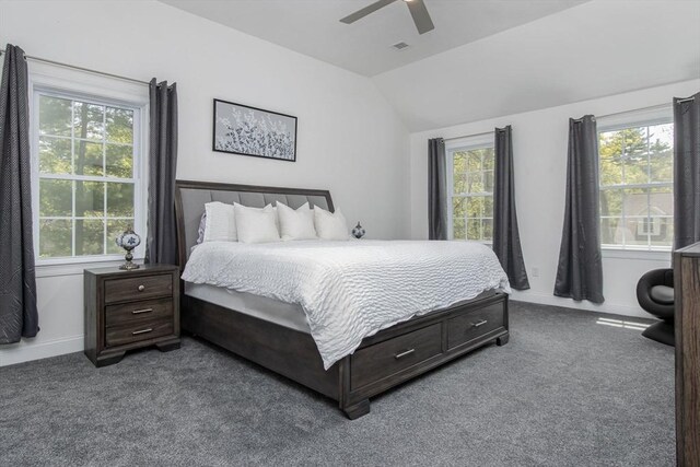 bedroom featuring carpet, lofted ceiling, multiple windows, ceiling fan, and baseboards