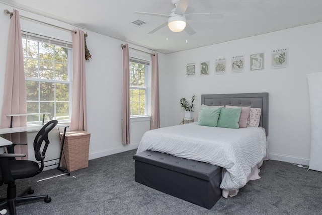 bedroom featuring dark carpet, a desk, a ceiling fan, and baseboards