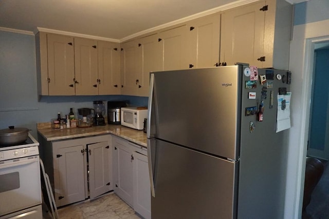 kitchen with white appliances and crown molding