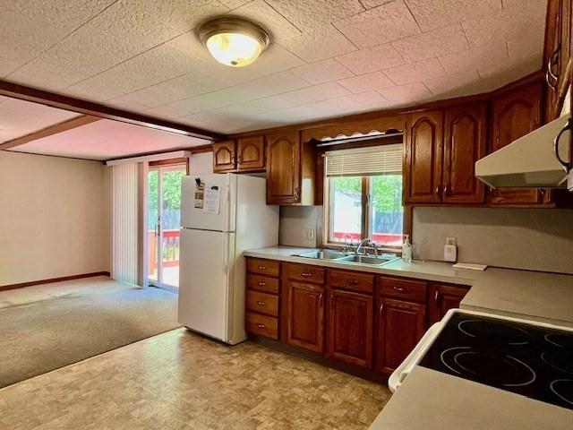 kitchen featuring freestanding refrigerator, a sink, range with electric stovetop, range hood, and light countertops