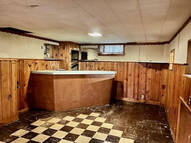 indoor dry bar with dark floors, wooden walls, and wainscoting