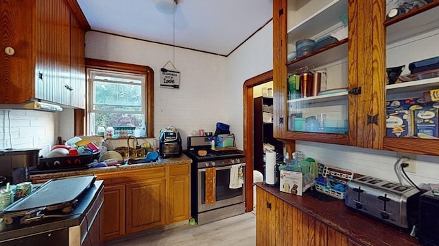 kitchen with light wood-type flooring, backsplash, sink, and stainless steel range oven