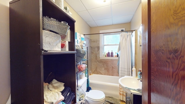 full bathroom featuring shower / tub combo, a drop ceiling, vanity, and toilet