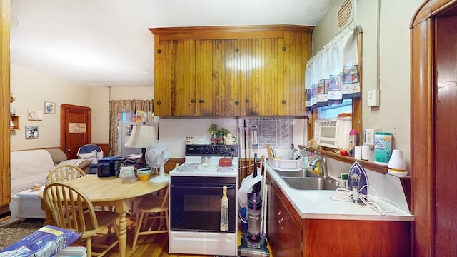 kitchen with plenty of natural light, hardwood / wood-style flooring, electric range, and sink