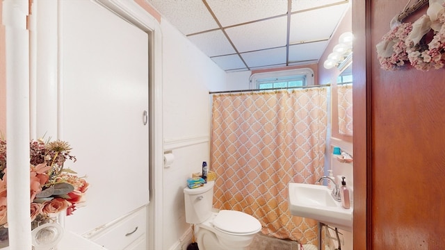 bathroom with a paneled ceiling, toilet, a shower with shower curtain, and sink