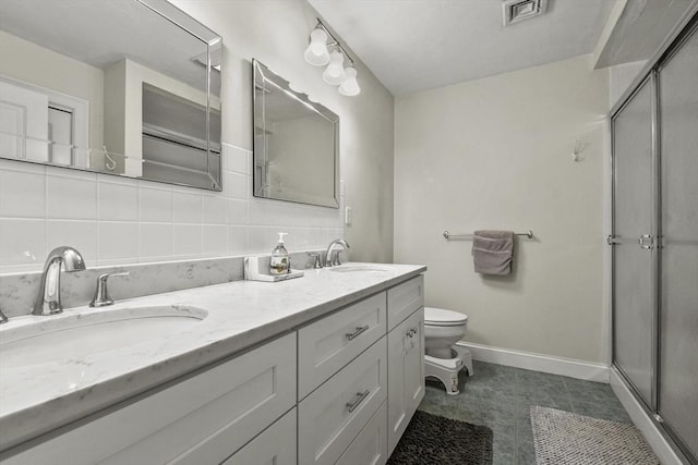 29 Maple St Unit C, Canton, MA 02021 - full bathroom featuring double vanity, backsplash, and a shower stall