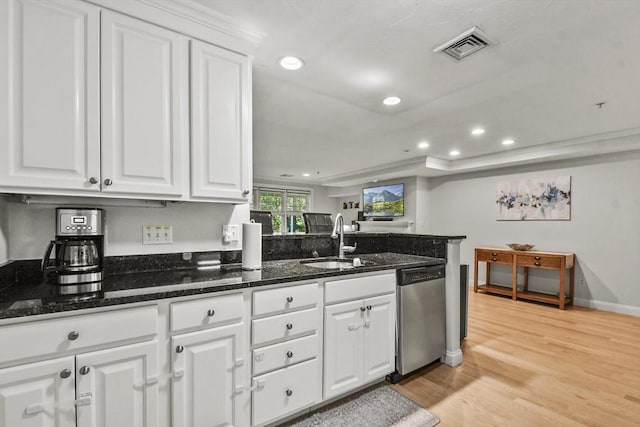 29 Maple St Unit C, Canton, MA 02021 - kitchen with dishwasher, white cabinetry, light wood-style flooring, recessed lighting, and dark stone counters