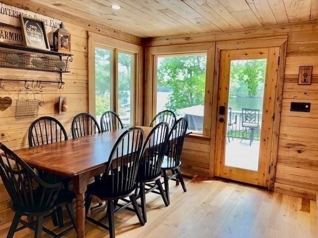 80 Populatic St, Franklin, MA 02038 - dining space with wooden walls, wooden ceiling, light wood-style floors, and recessed lighting
