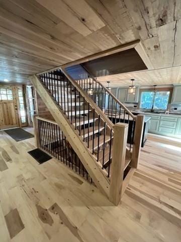 80 Populatic St, Franklin, MA 02038 - staircase with hardwood / wood-style floors and wooden ceiling