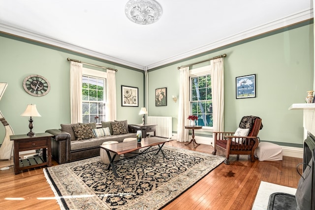 living room with ornamental molding, hardwood / wood-style floors, and radiator heating unit